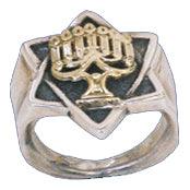 Silver Star of David ring with 14 carat gold Menorah made in Jerusalem - Biblicaljewels