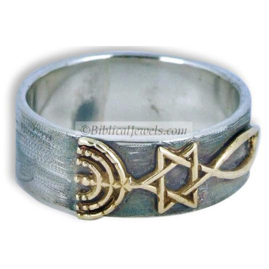 Gold Grafted  Messianic Christian Symbol on silver ring made in Jerusalem