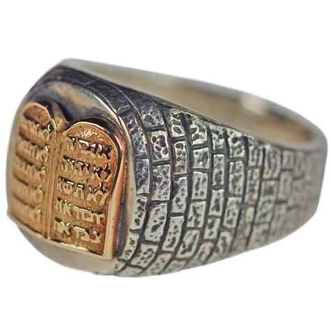 14k Gold 'Ten Commandments' set in silver ring - Made in Jerusalem - Biblicaljewels